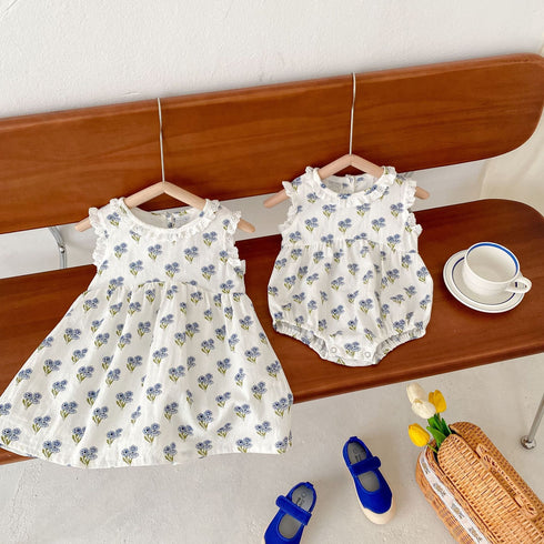 Lace Print Flower Skirt Sisters and Cotton Sleeveless Jumpsuit